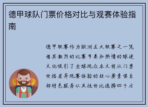 德甲球队门票价格对比与观赛体验指南