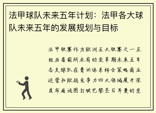 法甲球队未来五年计划：法甲各大球队未来五年的发展规划与目标